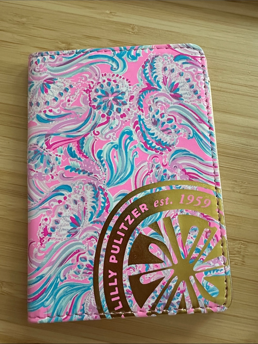 Lilly Pulitzer Pink Aqua Paisley Passport Cover with Gold Logo